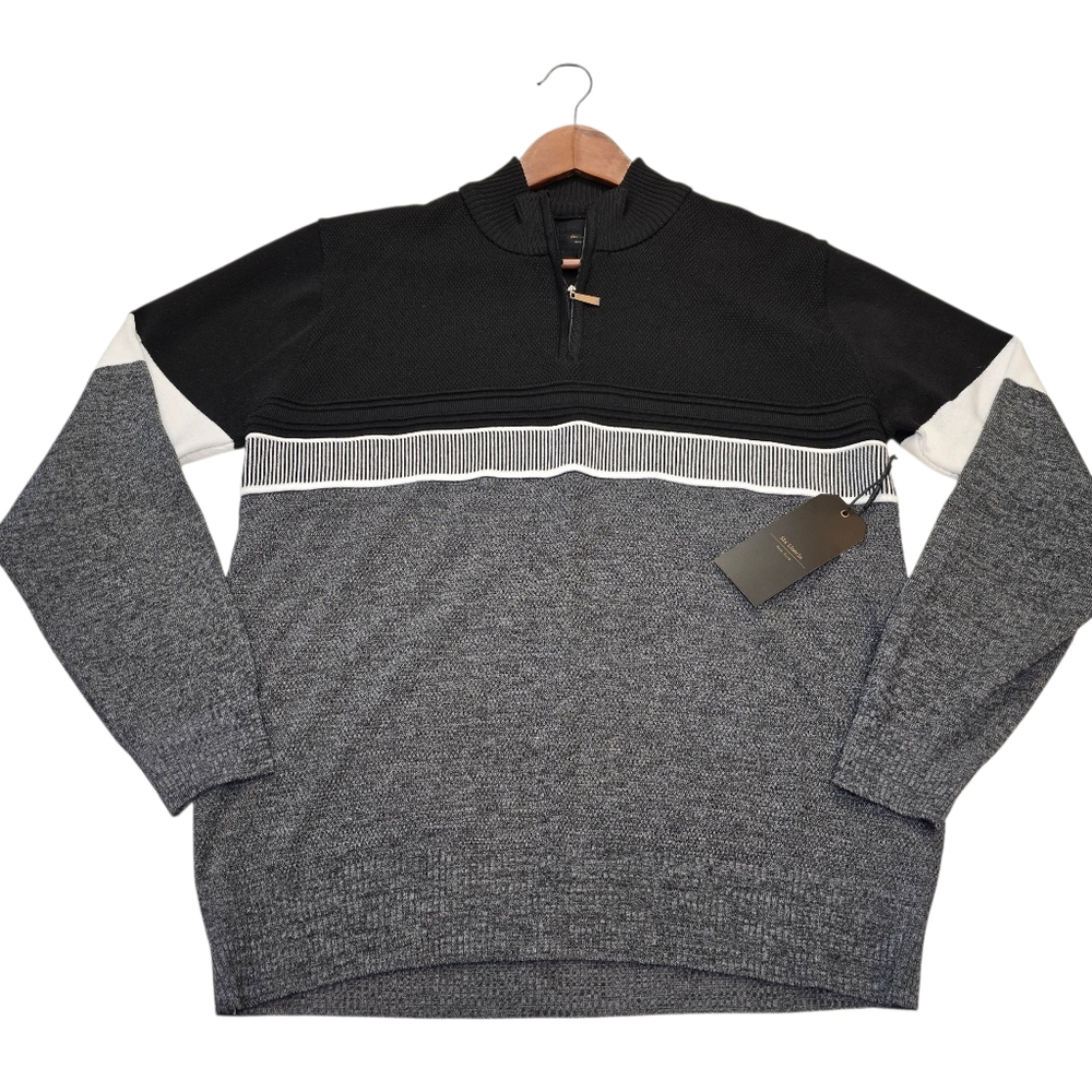 Six Lincoln New York Black/Gray Pullover 1/4 Zip Long Sleeve Sweater Mens L, NWT